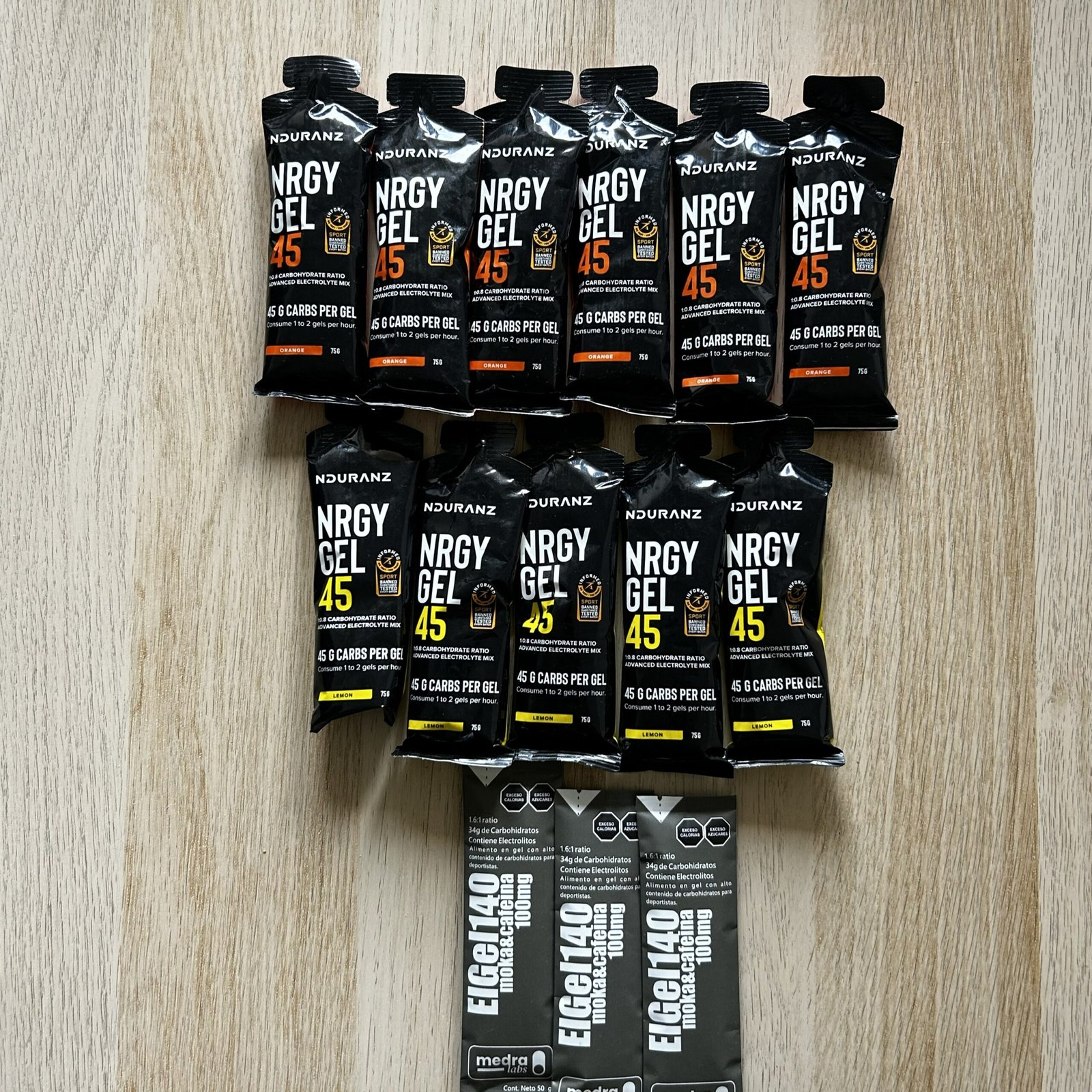 Store-bought energy gels laid out or in use during a run
