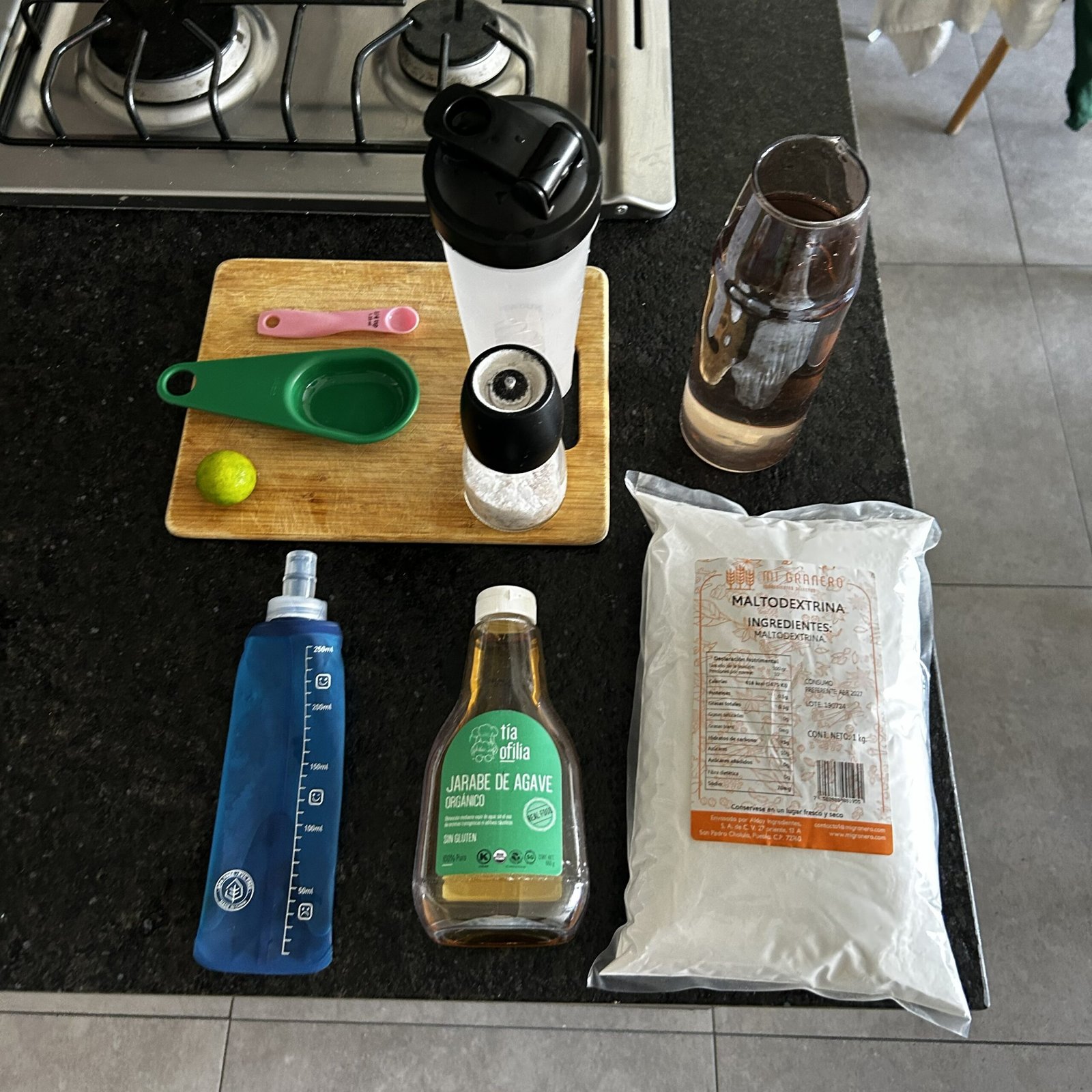 Homemade energy gel ingredients or gel in a reusable flask