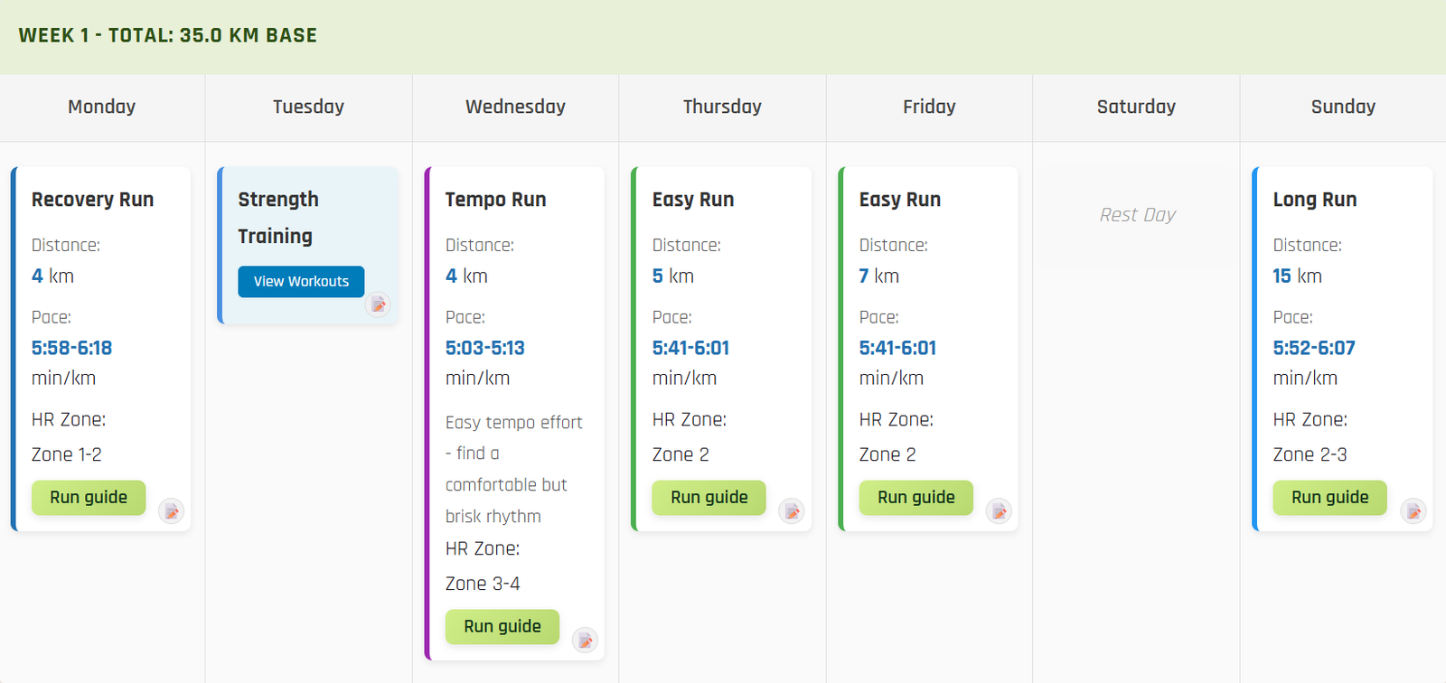 Example week from a YearRoundRunning training plan, with mixed run types, paces, and heart-rate zones